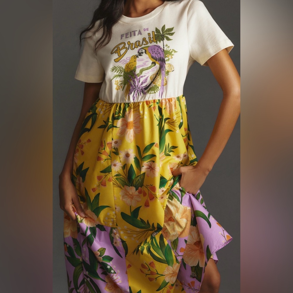 Farm Rio 100% Cotton Tiered Maxi Shirt Dress yellow floral motif Large Petite - Picture 3 of 16